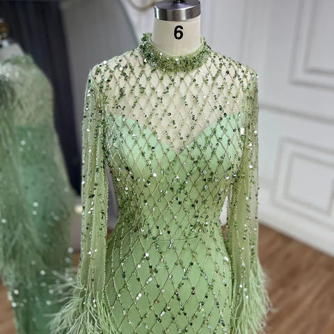 Luxury Beaded Feathers Sage Green Evening Dress Long Sleeves LA72394A