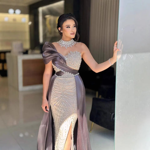 Luxury Beaded Arabic Evening Dress with Slit LA72769