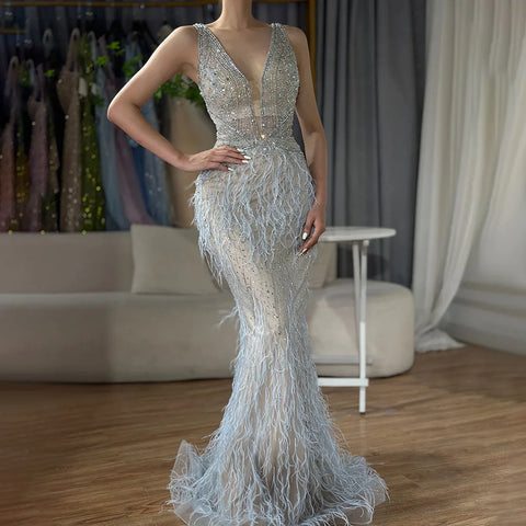 Arabic Blue Mermaid Elegant With Cape Luxury Beaded Feather Dubai Evening Dresses Gowns for Women Party LA71583B