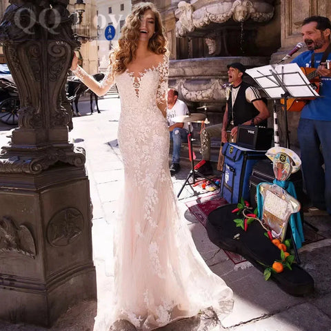 BoHo Mermaid Wedding Dress Sexy V-neck Vestidos De Novia Appliques Long Sleeves Vestido De Noiva Elegant Lace Robe De Mariée