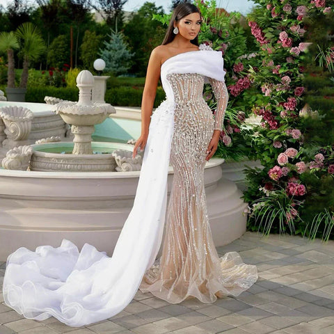 White Nude Elegant One Shoulder Evening Dresses Gowns Luxury Pearls Beaded for Women Wedding Party 2025 LA72493