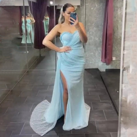 Vestidos de noche de sirena azul con abertura alta, elegantes y lujosos, con sobrefalda para mujer, colección 2025, modelo LA71660 