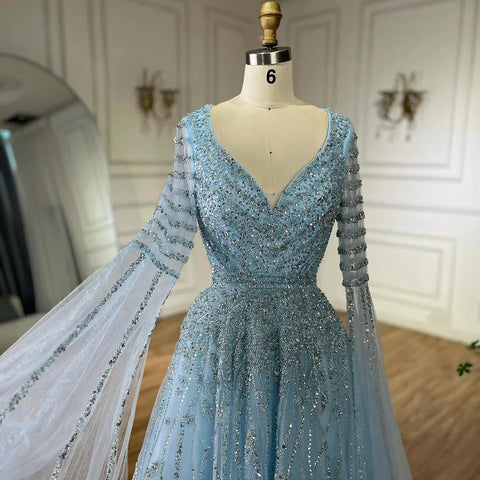 2025 Arabic Caramel Elegant A-Line Beaded Long Evening Dresses Gowns with Cape Sleeves for Formal Occasion LA72750