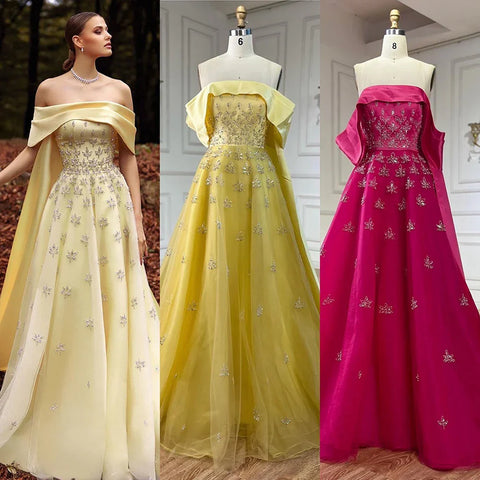 Vestido de noche largo de lujo árabe de Dubái, elegante, amarillo, con escote barco y cuentas, para mujer, para fiesta de boda, LA72531 
