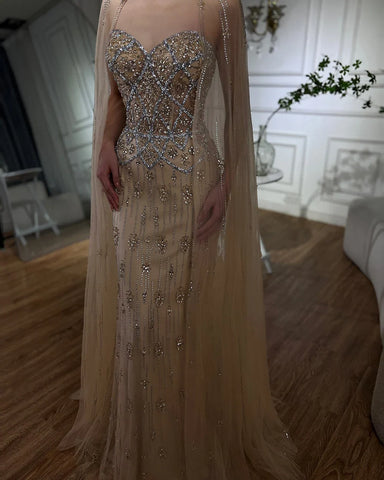 2025 Nude Saudi Evening Gown Mermaid Detachable Cape Sleeves Luxury Beaded Dress for Formal Occasion LA72716