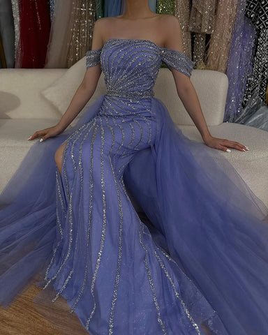 Blue Sexy Boat Neck Split Mermaid Elegant Beaded Arabic Evening Dresses Gowns For Woman Wedding Party 2025 LA71858