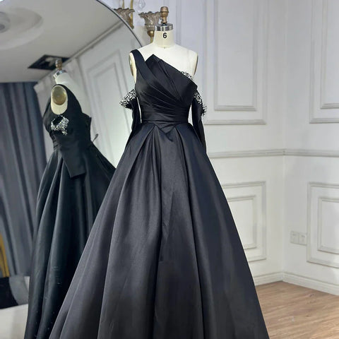2025 Black One Shoulder Satin A Line Beaded Evening Gown with Sleevelets for Women's Party Saudi Dress LA72741