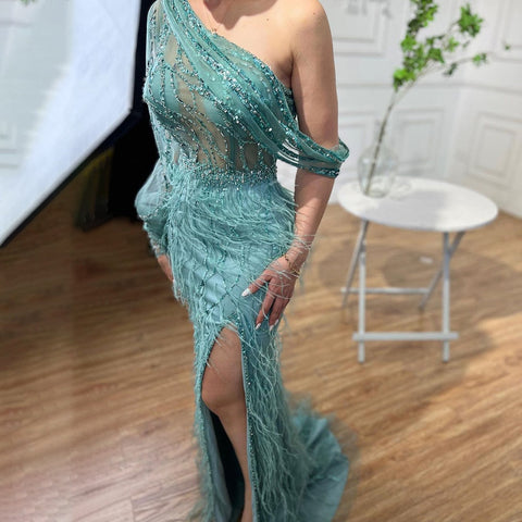 Dubai Eine Shouder Wein Roten Abendkleid Kleider Feder Split Perlen Luxus Meerjungfrau Formale Kleid 2025 LA70513