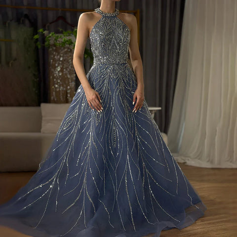 Elegant Blue Arabic A-line Halter Gown Luxury Dubai Evening Dress for Women Wedding Party 2025 LA72302