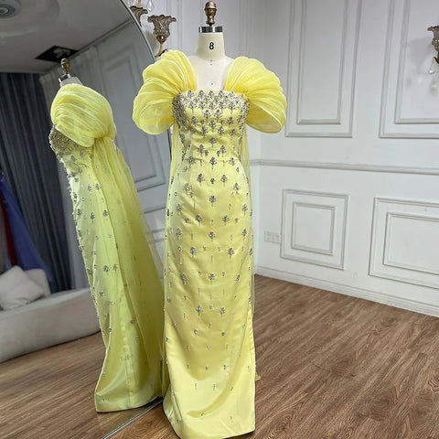 Luxury Beaded Yellow Evening Dress with Cape LA72756