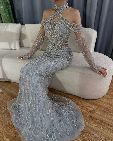 2025 Arabic Gray Decorative Halter Mermaid Luxury Dubai Evening Gown Beaded Dress for Women's Party LA72651
