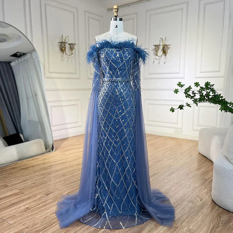 Elegant Cape Sleeves Mermaid Evening Dresses Gowns Luxury Feathers Beaded 2025 For Women Wedding Party LA72169B