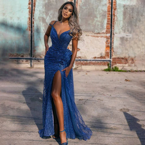 On Sale no return no refund Blue Mermaid Split Evening Dresses Gowns 2025 Beaded Elegant Luxury For Women Party LA71663