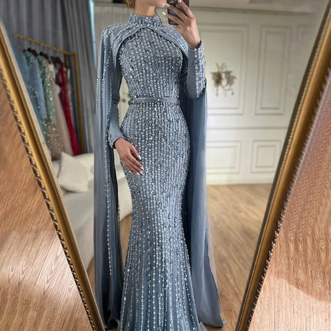 2025 Luxury Dubai Blue Muslim Mermaid Beaded Evening Gowns with Cape Sleeves for Women's Party LA72533