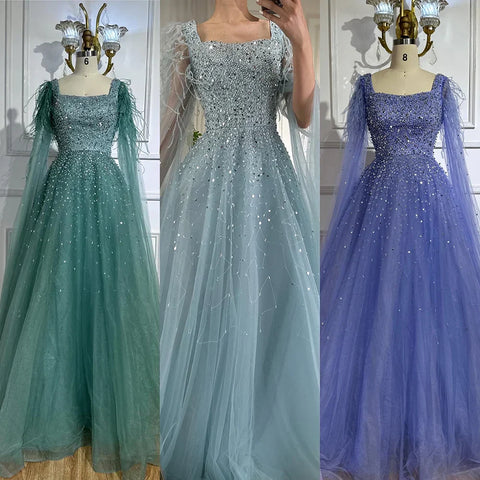 Robe de soirée de luxe saoudienne, coupe trapèze, bleu arabe, manches cape, perles, pour occasions formelles, 2025 LA71782A 