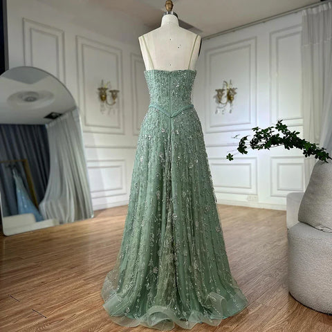 Sage Green Beaded A-Line Spaghetti Strap Evening Dress Gown LA72805
