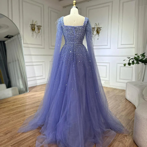 Robe de soirée de luxe saoudienne, coupe trapèze, bleu arabe, manches cape, perles, pour occasions formelles, 2025 LA71782A 