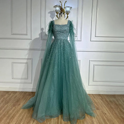 Robe de soirée de luxe saoudienne, coupe trapèze, bleu arabe, manches cape, perles, pour occasions formelles, 2025 LA71782A 