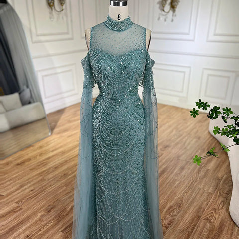 Dubai Pink Cape Sleeves Mermaid Beaded Luxury Long Arabic Evening Dresses Gowns for Woman Wedding Party LA71992A