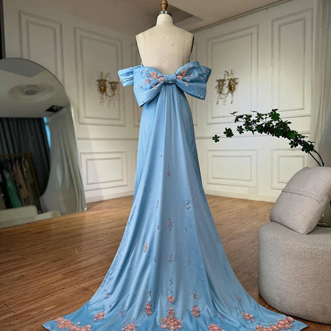 2025 Arabic Strapless Blue Beaded A-Line Saudi Evening Gown for Formal Occasion LA72792