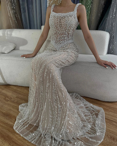 White Nude Spaghetti Strap Mermaid Evening Dresses Gowns Luxury Pearls Beaded For Women Wedding Party 2025 LA72266