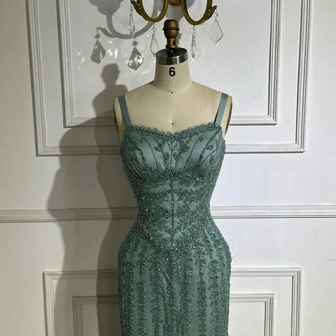 2025 Arabic Blue Spaghetti Strap Mermaid Gown Luxury Beaded Saudi Evening Dress for Formal Occasion LA72725