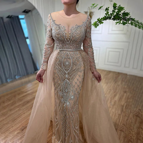Nude Luxury Muslim Mermaid Evening Dresses Gowns 2025 Beaded Overskirt Elegant For Women Party LA71597