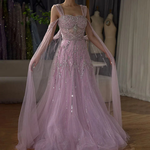 2025 pink Beaded Spaghetti Strap Design A-Line Evening Dresses Gowns with Cape Sleeves for Formal Occasion LA72726