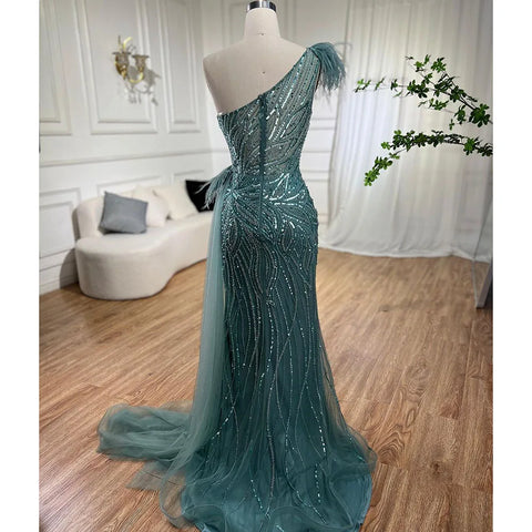Turquoise Mermaid Sexy High Split With Skirt Beaded Feathers Evening Dresses Gowns 2025 For Women Party LA71955