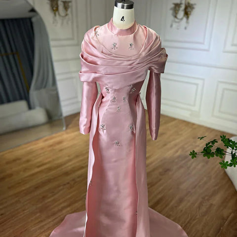 2025 Muslim Blue Mermaid Beaded Satin Luxury Saudi Evening Dress Gown Overlay Skirt for Formal Occasion LA72414M