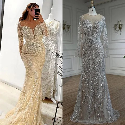 Luxury Dubai White Nude Mermaid Evening Dresses Long Sleeve LA72634