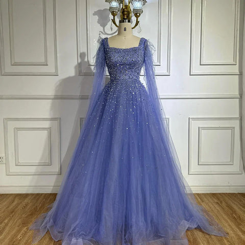 Robe de soirée de luxe saoudienne, coupe trapèze, bleu arabe, manches cape, perles, pour occasions formelles, 2025 LA71782A 