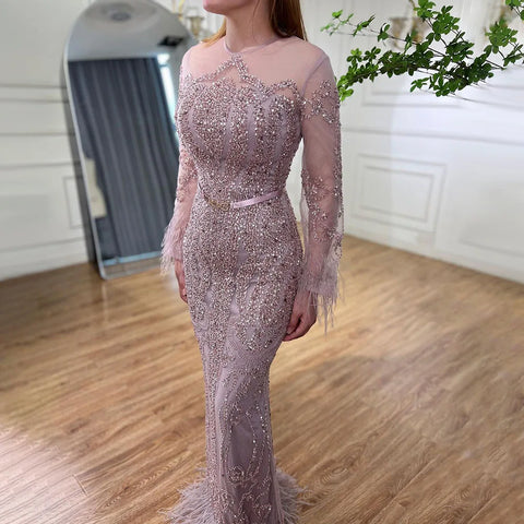 Blue  Long Sleeve Feathers beaded Evening Dresses Dubai Mermaid Luxury Evening Gowns 2025 LA60932