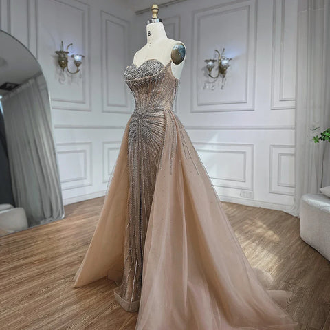2025 Nude Beaded Mermaid Evening Dresses Gowns with Overskirt for Formal Occasion LA72811