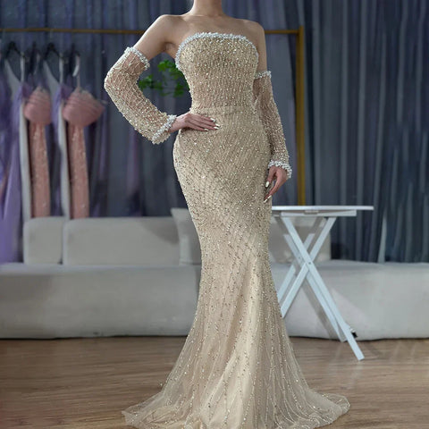 2025 Elegant White Nude Arabic Strapless Evening Gown Beaded Dress with Gloves for Formal Occasion LA72649