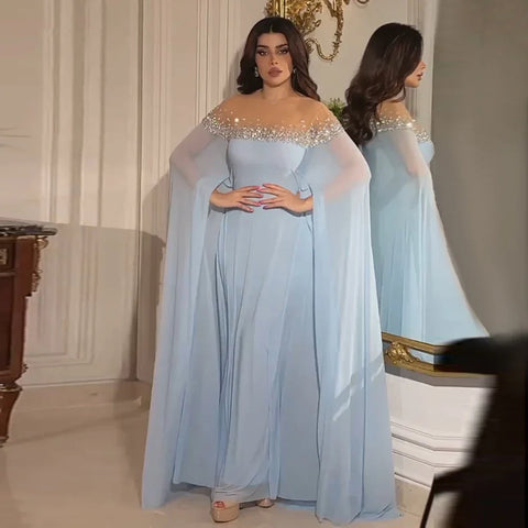 2025 Arabic Luxury Crystal Dubai A-Line Baby Blue Evening Dress with Elegant Kaftan for Formal Occasion LA72766