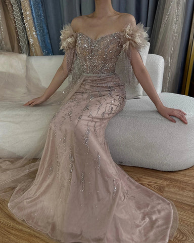 Robe de soirée de luxe style sirène, couleur chair, style arabe, Dubaï, col bateau, perles et pompons, pour femmes, fête de mariage, 2025, LA72260 