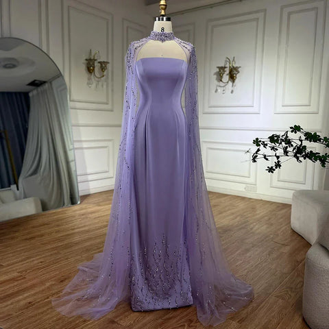 Lilac Strapless Evening Dress with Beaded Long Cape Gown LA72828