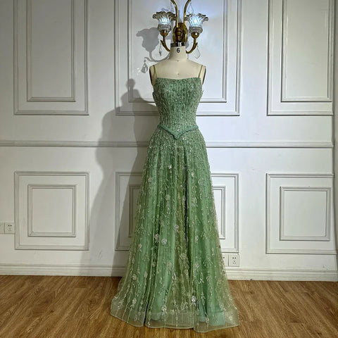 Sage Green Beaded A-Line Spaghetti Strap Evening Dress Gown LA72805