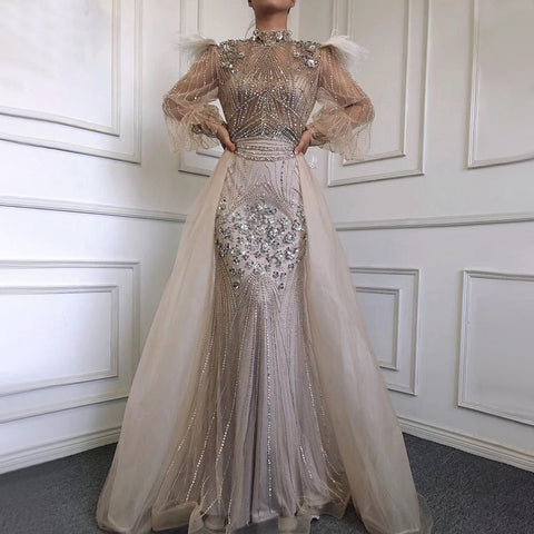 Muslim Silver Long Sleeve Feathers Beaded Evening Dresses Gowns Mermaid Luxury For Women Party 2025 LA71036A