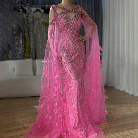 Ladies Wedding Party Elegant Fuchsia Mermaid Long Dress with Cape Sleeves Beading Feather Embellishments 2025 LA72286