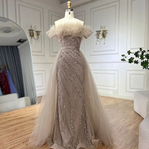 2025 Saudi Arabic Beaded Caramel Mermaid Elegant Evening Dresses Gowns with Overskirt for Formal Occasion LA71634A