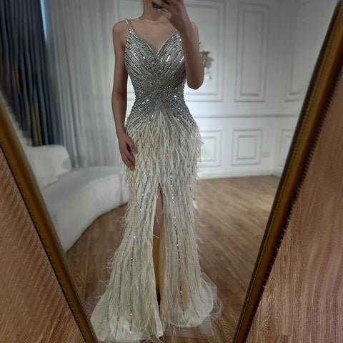 Robe de soirée sirène noire à bretelles spaghetti, fendue, plumes et perles, pour femme, tenue de mariage, 2025, LA70623 