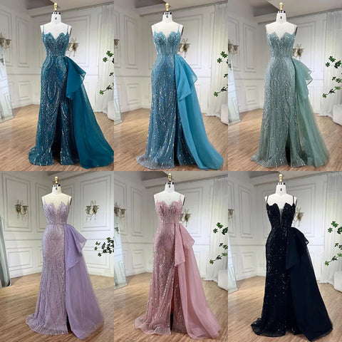 Sky Blue Spaghetti Strap Luxury Evening Dresses Gowns 2025 Mermaid Beaded Elegant Overskirt For Women Party LA72378