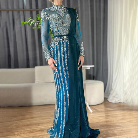Luxury Muslim Gray Luxury Long Elegant with Detachable Train Mermaid Evening Gowns Dresses  For Woman LA70199