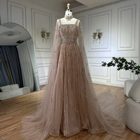 2025 Arabic Nude A Line Cape Sleeve Crystal Beaded Luxury Saudi Evening Dresses Gowns For Formal Occasion LA72764