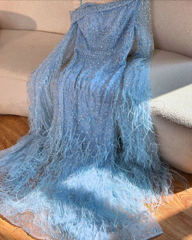 Luxury Feather One Shoulder Evening Dress with Cape Sleeves LA72763