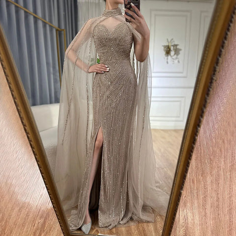 Robe de soirée sirène à manches cape caramel, fendue haute et perlée, longue, robe de célébrité pour femme, LA72233 