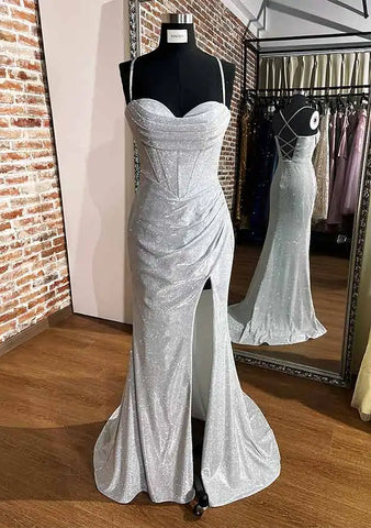 2025 Arabic Silver Elegant Mermaid Spaghetti Straps Glitter Prom Dress with Pleated Split for Women's Party LA72685
