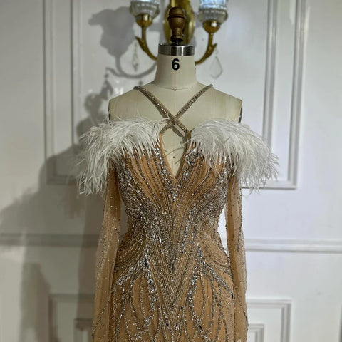 2025 Blue Feather Beaded Luxury Mermaid Evening Dresses Gowns for Women Formal Occasion LA72836